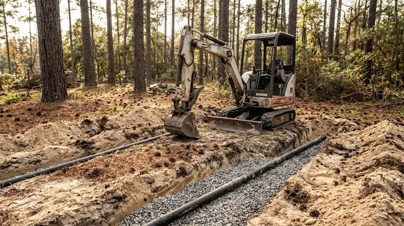 Drain field trenches with perforated pipe on gravel in sandy soil, a mini excavator parked alongside under longleaf pines