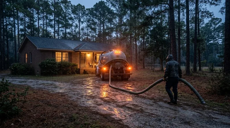 Septic pump truck with amber lights in a wet driveway at dusk, a worker pulling the hose toward the side yard under longleaf pines