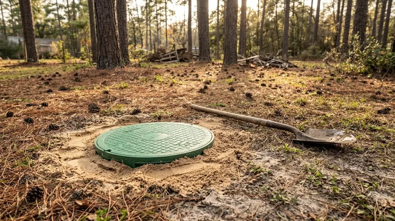 New green septic riser lid set flush with the ground, fresh sand patched around it and a shovel nearby